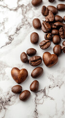 Heart-shaped arrangement of coffee beans on a light surface, symbolizing passion and love for coffee. Space for caption on the side adds room for text or promotional content.

