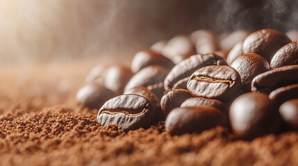 Heart-shaped arrangement of coffee beans on a light surface, symbolizing passion and love for coffee. Space for caption on the side adds room for text or promotional content.

