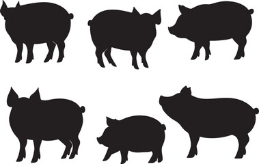 Pig Silhouette Vector Art: Farm Animal Clip Art, Black and White Swine Graphics, Livestock Illustration