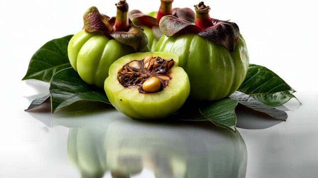 Close-up of fresh green Garcinia cambogia fruits with leaves, a cut fruit reveals the seeds, creating a healthy food arrangement.