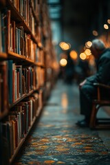Elderly Man Reading in Library.