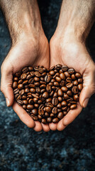 Heart-shaped arrangement of coffee beans on a light surface, symbolizing passion and love for coffee. Space for caption on the side adds room for text or promotional content.

