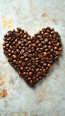 Heart-shaped arrangement of coffee beans on a light surface, symbolizing passion and love for coffee. Space for caption on the side adds room for text or promotional content.

