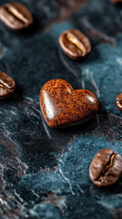 Heart-shaped arrangement of coffee beans on a light surface, symbolizing passion and love for coffee. Space for caption on the side adds room for text or promotional content.

