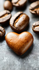 Heart-shaped arrangement of coffee beans on a light surface, symbolizing passion and love for coffee. Space for caption on the side adds room for text or promotional content.

