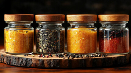 Glass jars filled with a variety of colorful spices and seasonings neatly arranged, showcasing vibrant hues and textures. Represents healthy eating, natural flavor, and culinary inspiration.


