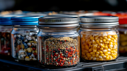 Glass jars filled with a variety of colorful spices and seasonings neatly arranged, showcasing vibrant hues and textures. Represents healthy eating, natural flavor, and culinary inspiration.

