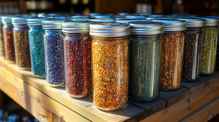 Glass jars filled with a variety of colorful spices and seasonings neatly arranged, showcasing vibrant hues and textures. Represents healthy eating, natural flavor, and culinary inspiration.

