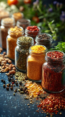 Glass jars filled with a variety of colorful spices and seasonings neatly arranged, showcasing vibrant hues and textures. Represents healthy eating, natural flavor, and culinary inspiration.

