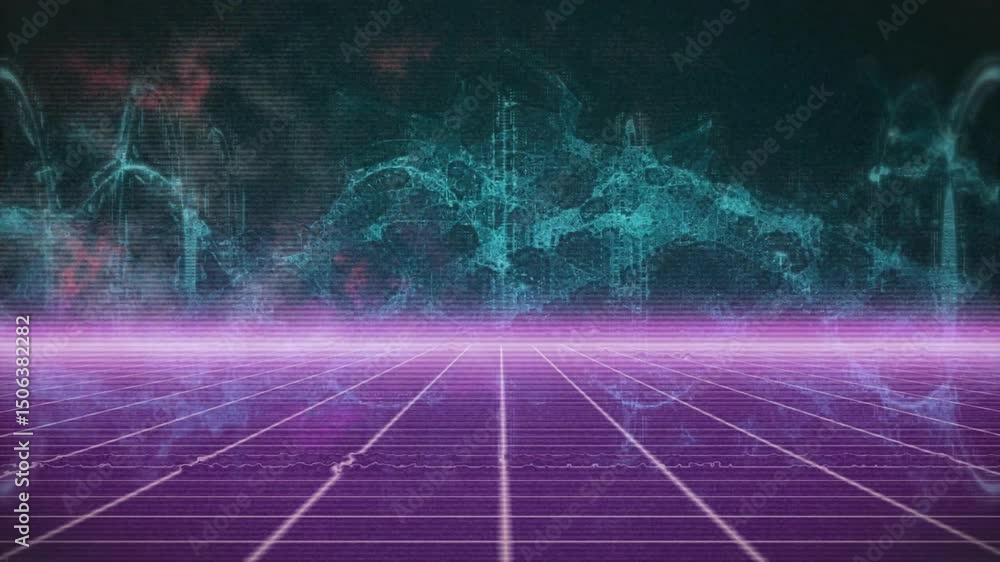 Aufkleber flickering cyan arcs transforming into pulsing waveform over neon grid to visualize signal