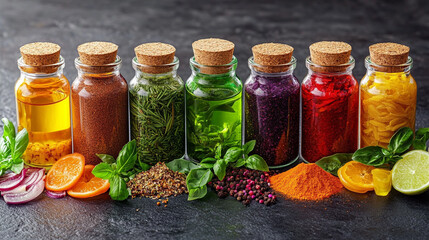 Glass jars filled with a variety of colorful spices and seasonings neatly arranged, showcasing vibrant hues and textures. Represents healthy eating, natural flavor, and culinary inspiration.

