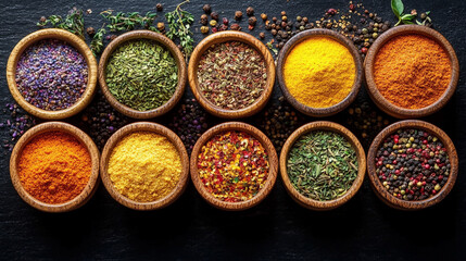 Glass jars filled with a variety of colorful spices and seasonings neatly arranged, showcasing vibrant hues and textures. Represents healthy eating, natural flavor, and culinary inspiration.

