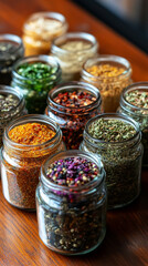 Glass jars filled with a variety of colorful spices and seasonings neatly arranged, showcasing vibrant hues and textures. Represents healthy eating, natural flavor, and culinary inspiration.

