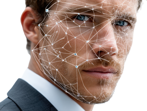 Facial Recognition Technology: A close-up portrait of a man's face overlaid with a futuristic network of interconnected nodes. - Powered by Adobe