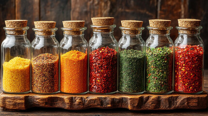 Glass jars filled with a variety of colorful spices and seasonings neatly arranged, showcasing vibrant hues and textures. Represents healthy eating, natural flavor, and culinary inspiration.

