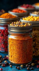 Glass jars filled with a variety of colorful spices and seasonings neatly arranged, showcasing vibrant hues and textures. Represents healthy eating, natural flavor, and culinary inspiration.

