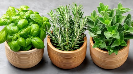 Naklejka premium Fresh Culinary Herbs in Wooden Pots for Cooking and Home Decor