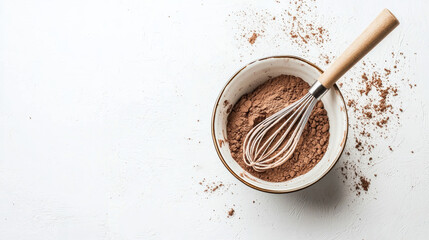 Chocolate Cocoa Powder with Whisk on White Background