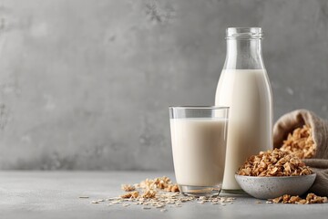 A glass and bottle of oat milk sit beside a bowl and burlap sack of oats on a textured grey surface