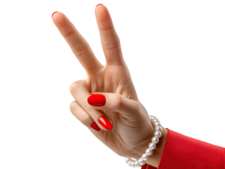 Peace Sign: A close-up shot of a hand, with flawlessly manicured nails and a stylish pearl bracelet, extending the iconic peace sign. Capturing a message of hope and positivity.