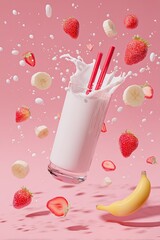 A glass of creamy milk with a splash, surrounded by levitating strawberries and banana slices against a pink background.  Two red straws are inserted