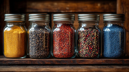 Glass jars filled with a variety of colorful spices and seasonings neatly arranged, showcasing vibrant hues and textures. Represents healthy eating, natural flavor, and culinary inspiration.

