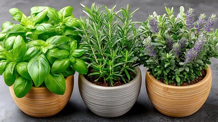 Naklejka premium Fresh Culinary Herbs in Decorative Pots for Cooking and Home Decor