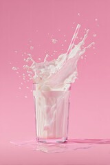 A glass of milk with a straw, dramatically splashed, against a pink background;  milk droplets airborne
