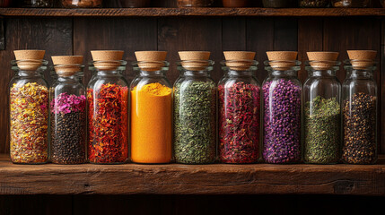 Glass jars filled with a variety of colorful spices and seasonings neatly arranged, showcasing vibrant hues and textures. Represents healthy eating, natural flavor, and culinary inspiration.

