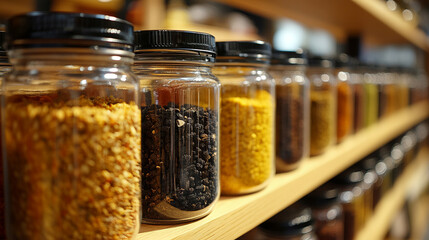 Glass jars filled with a variety of colorful spices and seasonings neatly arranged, showcasing vibrant hues and textures. Represents healthy eating, natural flavor, and culinary inspiration.

