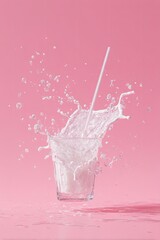 A glass of milk with a straw, mid-splash against a pink background.  The liquid is dramatically airborne