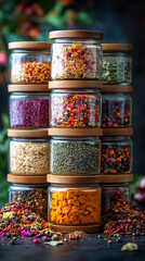 Glass jars filled with a variety of colorful spices and seasonings neatly arranged, showcasing vibrant hues and textures. Represents healthy eating, natural flavor, and culinary inspiration.

