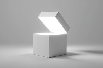 A glowing, opened white cubic gift box on a light grey background
