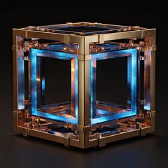 A glowing blue inner cube sits within a larger, gold, geometric frame, angled on a dark background
