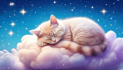 雲の上で眠る子猫、星空と夢の猫、ファンタジーの夜、ピンクの雲と猫、かわいい寝顔、幻想的な空、やすらぎのひととき、星に囲まれた猫、癒しのイラスト、空に浮かぶ眠る猫