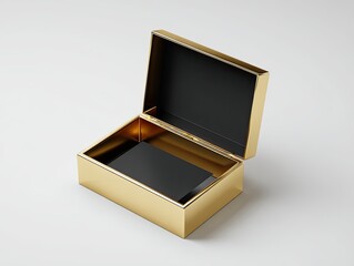 A gold rectangular box, slightly ajar, reveals a black interior and a small, thin, black insert.  The box sits on a plain white background