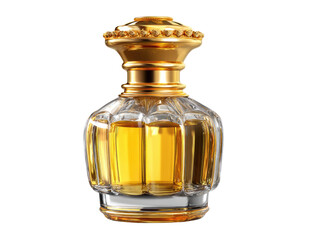 Exquisite Fragrance: An elegantly designed perfume bottle with a golden cap and crystal clear bottle containing a fragrant potion, inviting indulgence and luxury. 