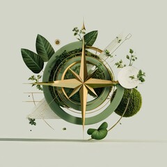 A golden compass rose, nestled within verdant foliage and abstract geometric shapes, floats against a muted green backdrop