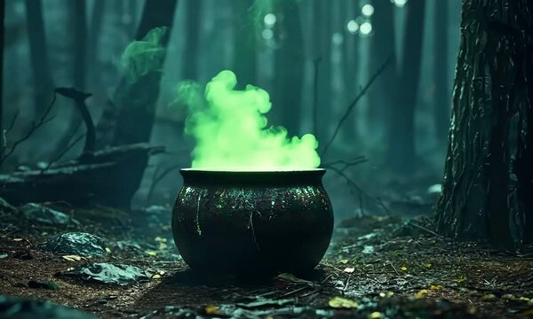 Mystical cauldron in forest