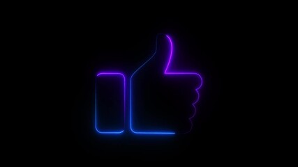 Thump up icon animation. Glowing neon thumb up like icon video on black background. animated like button.
