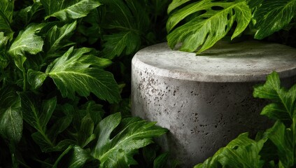 A grey cylindrical pedestal sits nestled amongst lush, vibrant green tropical foliage, casting a subtle shadow