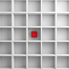 A grid of empty white cubic shelves, centrally featuring a single, small red-and-green cube