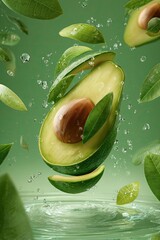 A halved avocado, pit visible, levitates amidst falling leaves and water droplets against a green backdrop