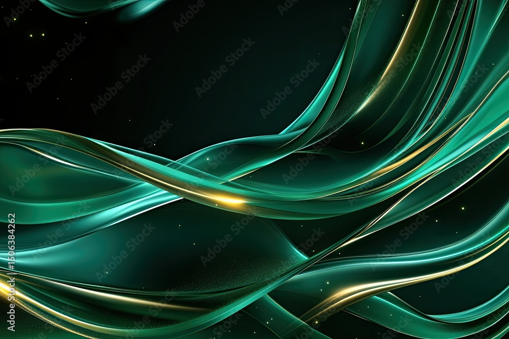 Poster emerald and gold abstract waves background with dynamic flowing lines