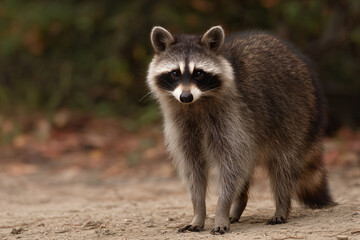 Obraz premium a raccoon standing on a dirt road in the woods