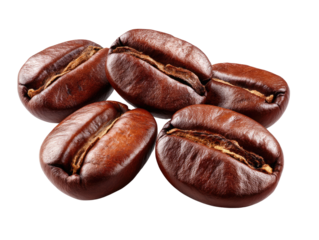 Rich Aroma of Coffee Beans: Captivating the essence of the coffee bean, this image presents five carefully arranged roasted beans. The light dances across their surfaces.