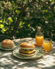 A juicy burger with cheese, onions, and avocado rests on a patterned plate outdoors, accompanied by a bun, orange juice, and sunlight dappling the table