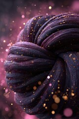 A knotted sphere of deep purple and dark-blue fabric, interwoven with gold glitter, set against a bokeh background of pink and purple