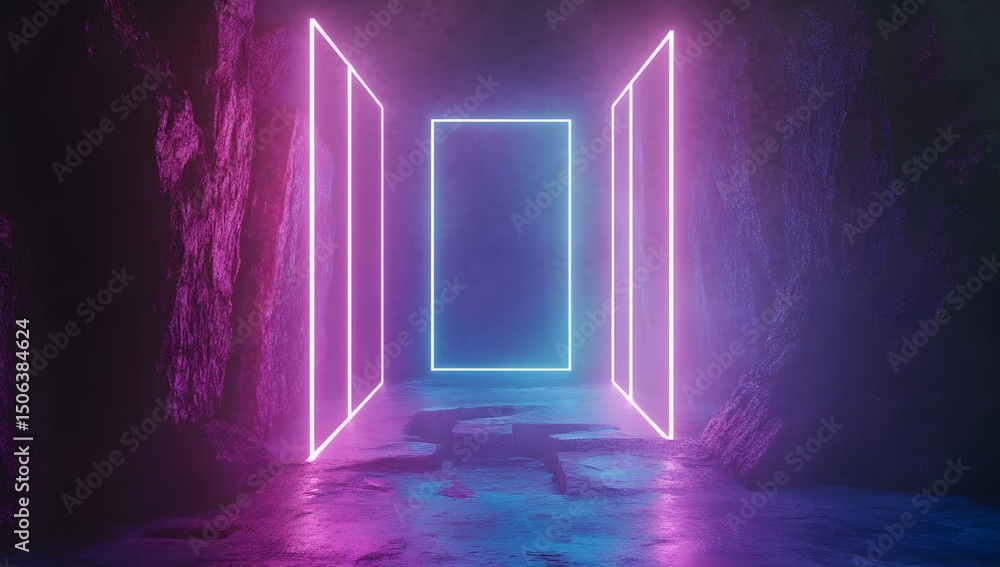 Poster 3d render, abstract neon background with glowing sound waves, ultraviolet spectrum lines and gradien