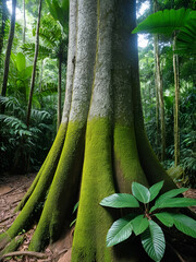 Base of a ceiba tree trunk (Ceiba pentandra) in the Amazon rainforest, Yasuni national park, Ecuador. Unsharp foreground plants, sharp tree.